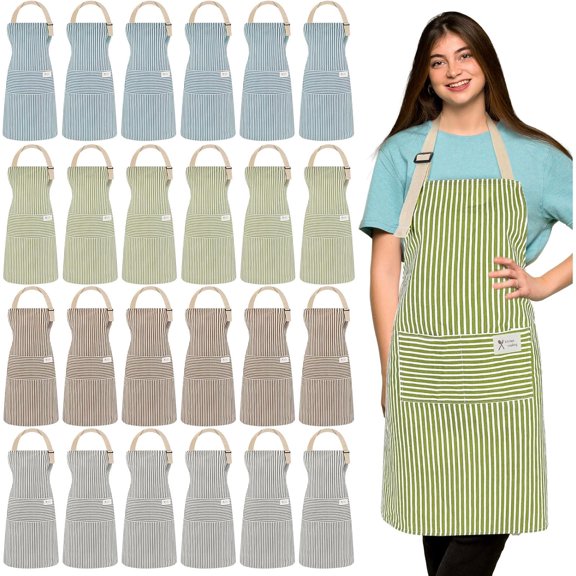 24 Pcs Linen Cooking Apron with 2 Pockets Adjustable Bib Chef Apron Bulk Unisex Thin Stripes Green Blue Brown Gray