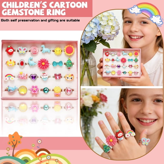 24 Pcs Little Girl Adjustable Rings Set in Gift Box Sparkling Gemstone Jewelry, Birthday Party Favors A
