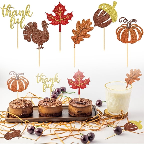 24 Pcs Little Pumpkin Cupcake Toppers,Glitter Maple Leaf Cake Picks,Fall Themed Turkey Cake Picks,Party Food Decor Sequins for Thanksgiving Day,Birthday,Engagement,Harvest Festival Dessert Table