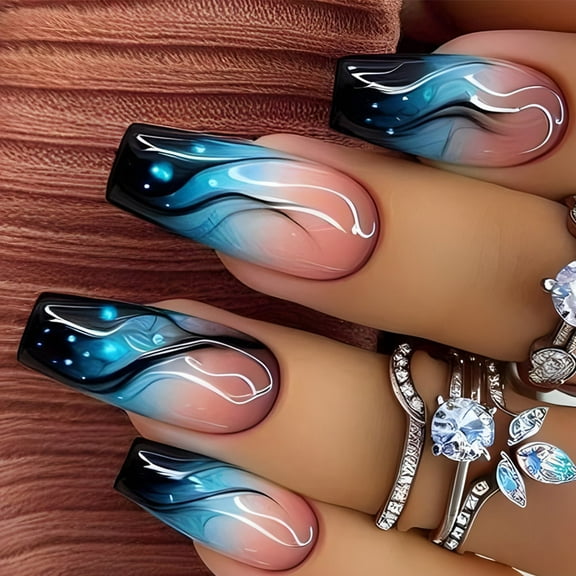 24 Pcs Glossy Full Covers on Nails Long Ballerinas False Nails Gradients Flame Artificial Nails