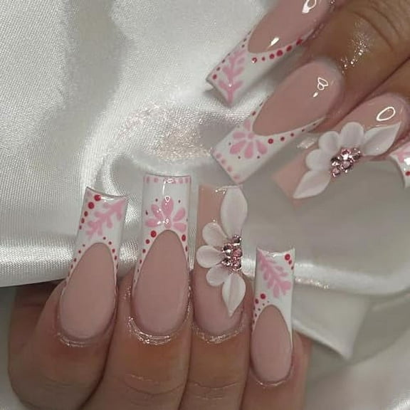 24 Pcs Long French Tip Press on Nails with Flower Charm Designs Long Square Fake Nails Cute Pink Full Cover Acrylic False Nails Spring Stick on Nails Best Gloss Artificial Nails for Women Manicure