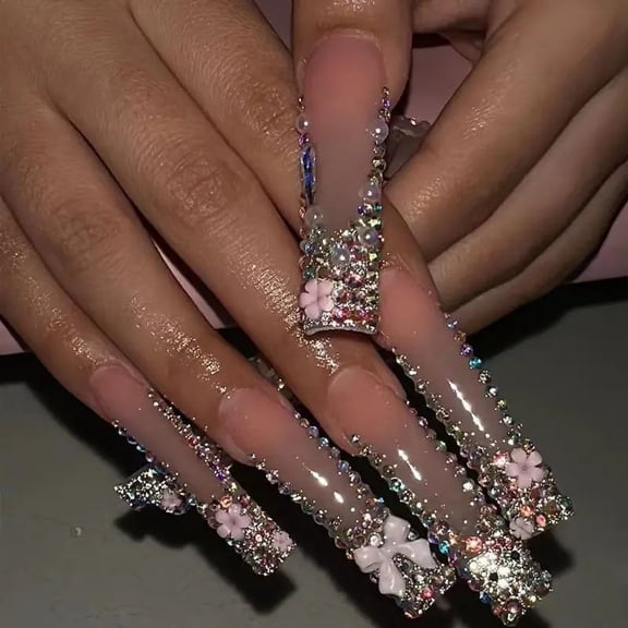 24 Pcs Long Rhinestone Bow Press-On Nails, 3D Flower Sparkle Fake Nails, Luxury Removable Manicure Set