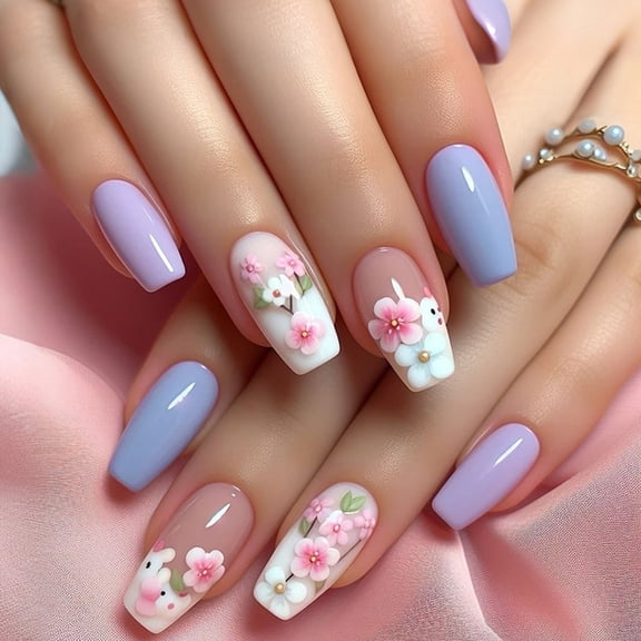 24 Pcs Long Shape Press On Nails Simple Acrylic False Nails Glossy Artificial Nails Flowers on Nails for Party