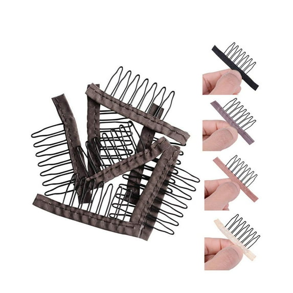 24 Pcs/Lot Wig Combs for Making Wig Caps 7-teeth Steel Clips with Cloth Wig Combs for Hairpiece Caps (Dark Brown)