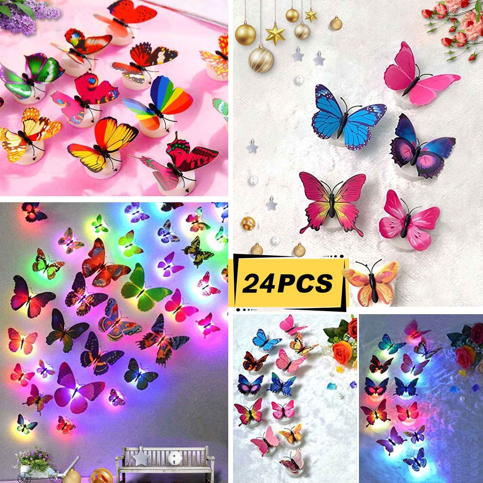 24 Pcs Luminous Butterfly 3D Wall Sticker, LED Auto Color Changing DIY Home  Wall Decoration Night Light Butterfly Sticker Wall Decals Removable for