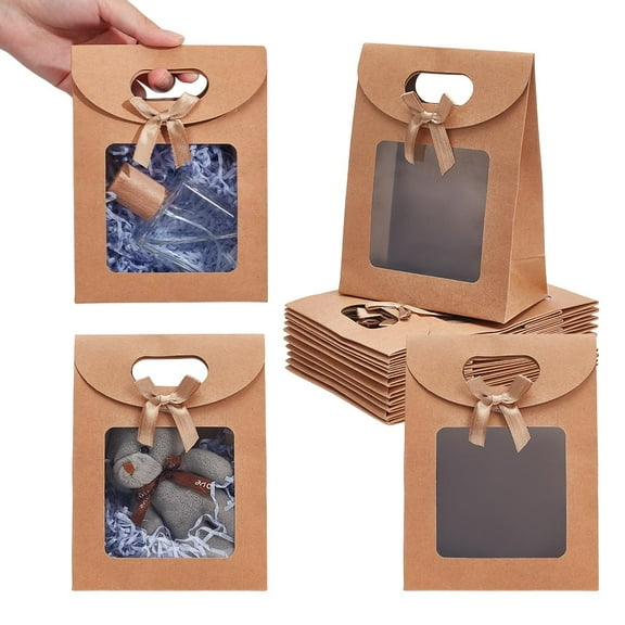 24 Pcs MINI Kraft Paper Bags with Window 4.7x2.4x6.2 Stand Up MINI Gift Bag With Handles Brown Gift Bag with Clear Window for DIY Candy Cookies Packaging Wedding Christmas Party Store Retail