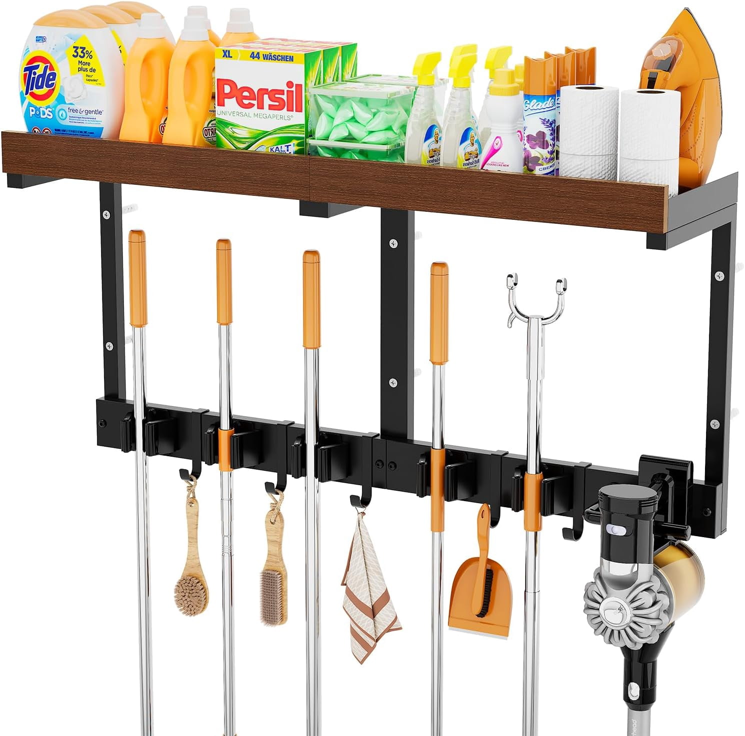 24 Pcs Magnetic Mop Broom Holder Movable Rack, Anti Slip Wall Mounted Utility for Cleaning Tools, Garage, Kitchen, Laundry, Garden (Black)