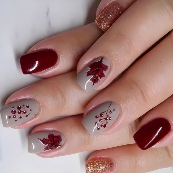 24 Pcs Maple Leaves Press On Nails Fall False Nails Thanksgiving Full Cover Stick on Nails Short False Nails for Woman
