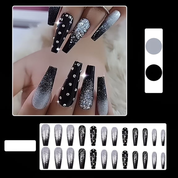 24 Pcs Matte Black Ballerina Press On Nails with Silver Glitter and Rhinestones - Elegant False Nails for Every Occasion