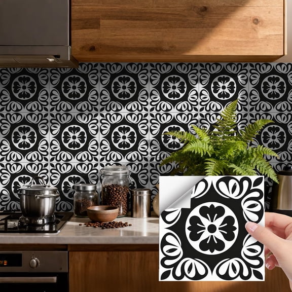 24 Pcs Matte Tile Sticker Waterproof Peel and Stick Backsplash 7.87" x 7.87" Black White Flowers Wall Stickers Self-Adhesive DIY Decor Decals