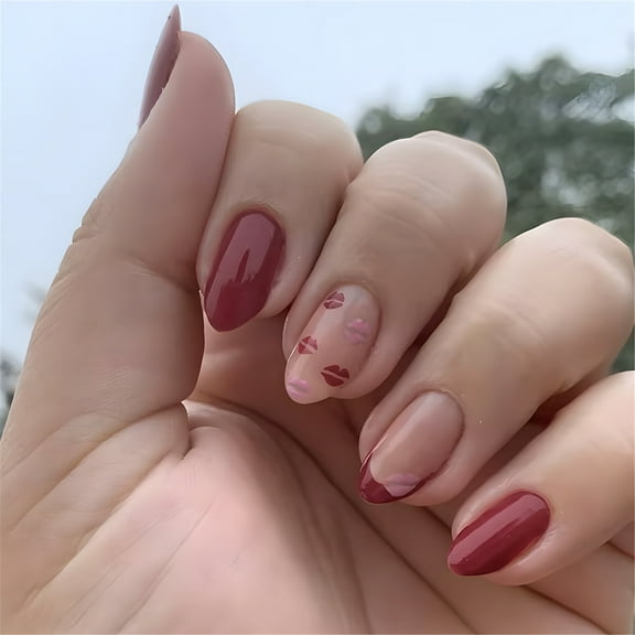 24 Pcs Mediums Almond Artificial Nails Lips Print on Nails Valentines Day False Nails French Tip