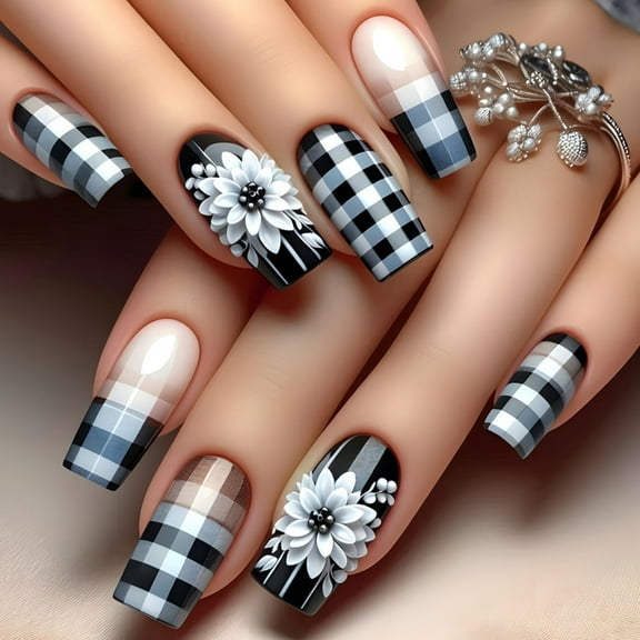 24 Pcs Mediums Square False Nails White Flowers Artificial Nails Checkerboard Stick On Nails French Tip Press On Nails