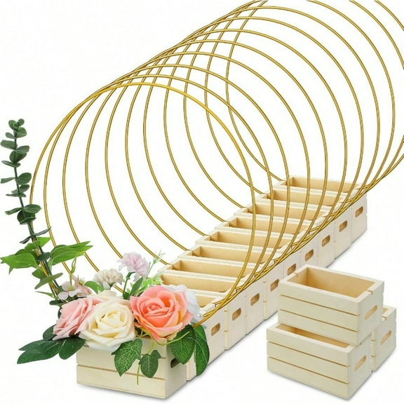 24 Pcs Metal Floral Hoop Centerpiece With Stand For Tables Includes Gold Wreath Rings And Wooden Stands For DIY Wedding Baby Shower Communion Baptism Birthday Party Decoration 10 Inch