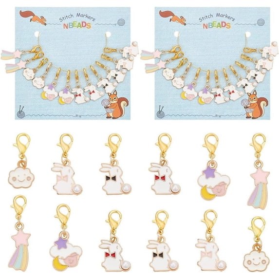 24 Pcs Meteor/Rabbit/Cloud Stitch Markers Pearl Beads Enamel Crochet Stitch Marker Charms Removable Lobster Clasp Locking Stitch Marker