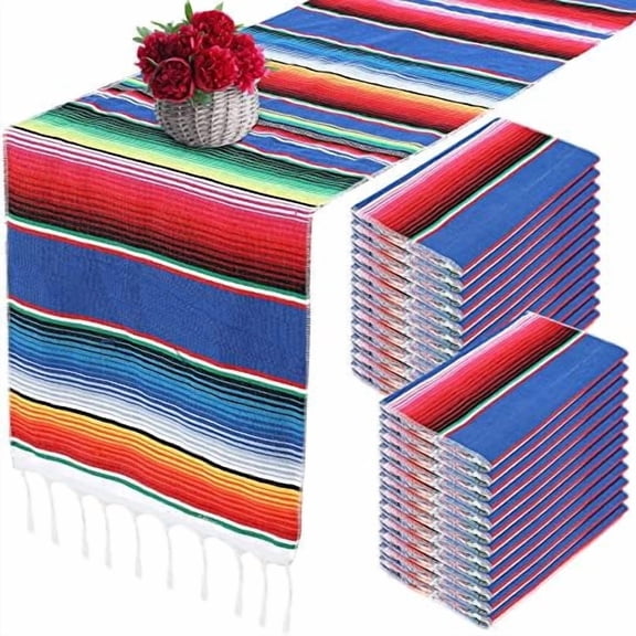 24 Pcs Mexican Serape Table Runner Handwoven Fringe Cotton Serape Blanket Table Runners, Colorful Mexican Stripe Table Runner for Mexican Party Decorations Fiesta Party, 14 x 84 Inches (RoyalBlue)