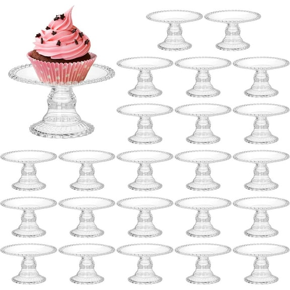 24 Pcs Mini Cake Plate Stand, Plastic Single Cupcake Holder Serving Plate, Clear Small Dessert Display Stand Tray for Chocolate, Fruits, Baby Shower, Wedding, Birthday, Party