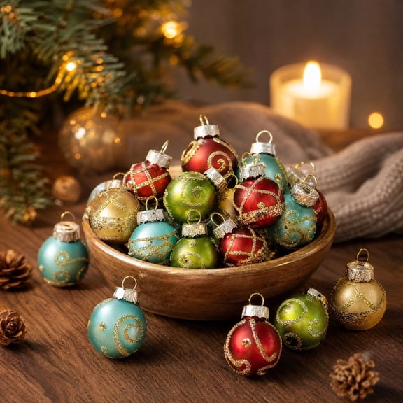 24 Pcs Mini Christmas Ball Ornaments, 1 Inch Glittering Multi Color Hanging Balls in 6 Styles, Vintage Red Green Gold Blue Baubles for Small Tree, Wreaths & Craft Decor