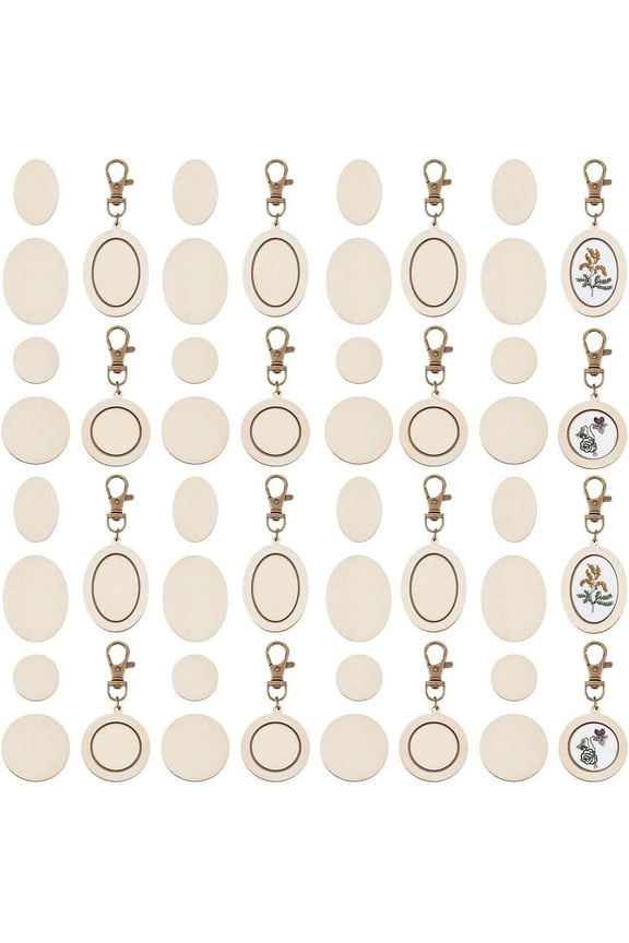 24 Pcs Mini Embroidery Hoop Keychain Tiny Wooden Cross Stitch Hoop with Lobster Claw Clasp Oval/Round Wood Pendant Kit 3.2~3.6 Inch DIY