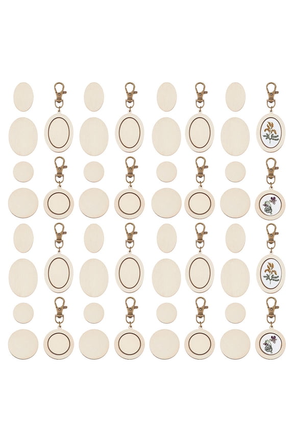 24 Pcs Mini Embroidery Hoop Keychain Tiny Wooden Stitch Hoop with Lobster Claw Clasp Oval/Round Wood Pendant Kit DIY