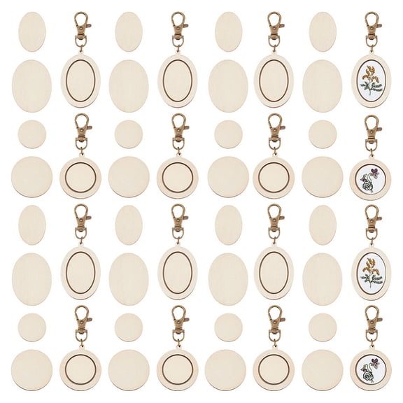24 Pcs Mini Embroidery Hoop Keychain Tiny Wooden Stitch Hoop with Lobster Claw Clasp Oval/Round Wood Pendant Kit DIY