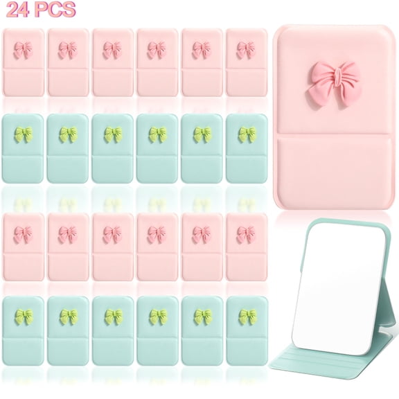 24 Pcs Mini Folding Mirrors with Pink Bow Green Frame for Daily Party Decor Lovers, Portable Compact Makeup Mirrors for Bridal Shower Birthday Graduation Gift Favor Events