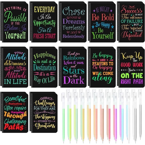24 Pcs Mini Inspirational Notebooks Bulk with 24 Pcs Colorful Pens, Small Pocket Journal Notepads Set, Motivational Bulk Gifts for Women Men Teacher Student, Fun School Office S, 3.5" x 5.5"