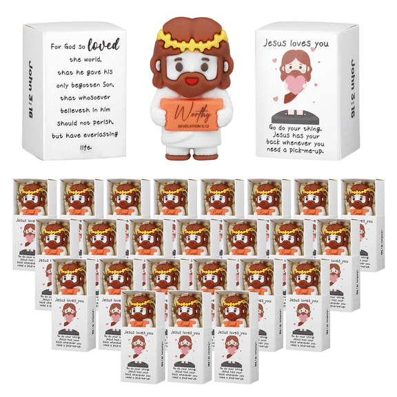 24 Pcs Mini Jesus Figurines Set with Pocket Boxes and Raffia, Religious Party Favors Gifts for Baptism Communions Church Events and Family Friends, Inspirational Keepsakes