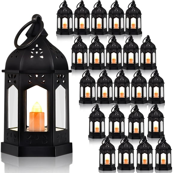 24 Pcs Mini Lantern Decorative with Flickering LED Candle Vintage Hanging Lanterns Battery Powered Light Wedding Diwali Halloween Christmas Centerpiece for Camping Garden Party Decor(Black)