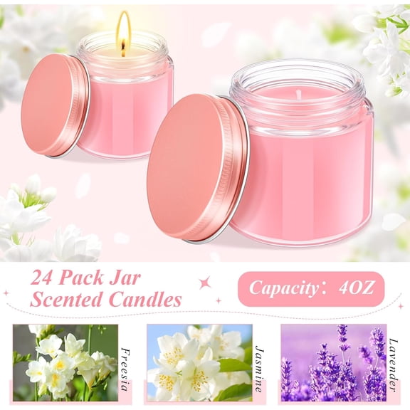 24 Pcs Mini Mason Jar Candles Bulk 4 oz Scented Wax Candles Gift Small Soy Scented with Lid Decoration for Wedding Birthday Baby Shower, Freesia, Jasmine, Lavender(Pink)$$Home Decor, Kitchen, & Other