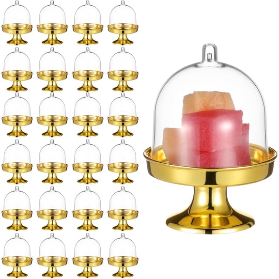 24 Pcs Mini Plastic Cupcake Stand with Dome Cover, Mini Cake Plate Stand, Gold Clear Small Cake Display Holder for Chocolate, Dessert, Wedding, Birthday, Baby Shower and Tea Party Supplies