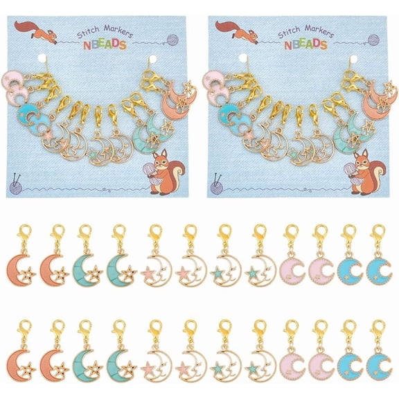 24 Pcs Moon Star Stitch Markers Enamel Alloy Crochet Marker Removable Lobster Clasp Locking Knitting Markers for Knitting Weaving Sewing Jewelry Making