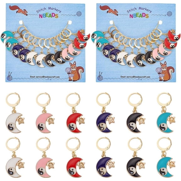 24 Pcs Moons Star Locking Stitch Markers Yin Yang Crochet Stitch Marker Charms Removable Locking Stitch Marker for Knitting Weaving Sewing Accessories Quilting Handmade Jewelry for DIY