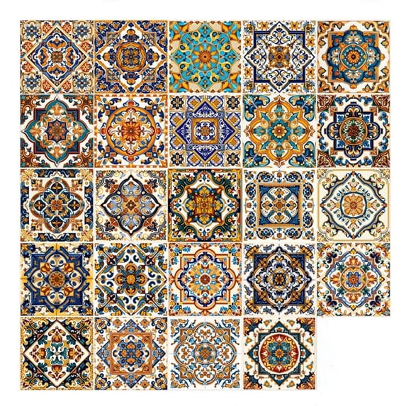 24 Pcs Moroccan Style Decorative Tile Stickers, 6"x6" Vinyl Self Adhesive Removable Waterproof Peel and Stick Backsplash Walls Stickers for Kitchen Backsplash, Stairs, Home Décor