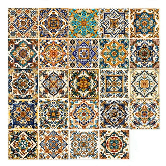 24 Pcs Moroccan Style Decorative Tile Stickers, 6"x6" Vinyl Self Adhesive Removable Waterproof Peel and Stick Backsplash Walls Stickers for Kitchen Backsplash, Stairs, Home Décor