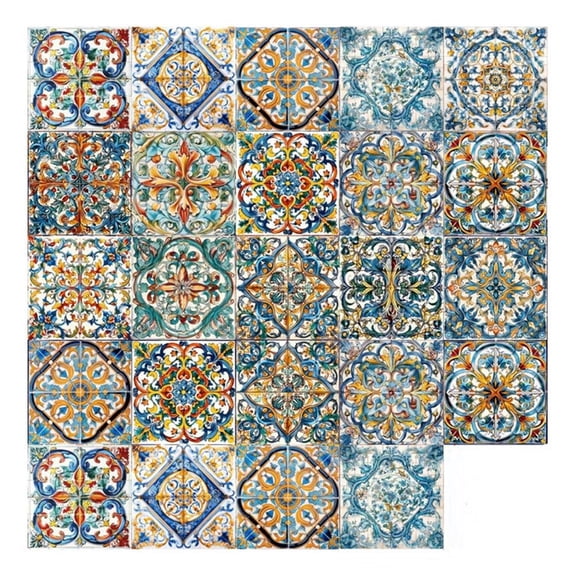 24 Pcs Moroccan Style Decorative Tile Stickers, 6"x6" Vinyl Self Adhesive Removable Waterproof Peel and Stick Backsplash Walls Stickers for Kitchen Backsplash, Stairs, Home Décor