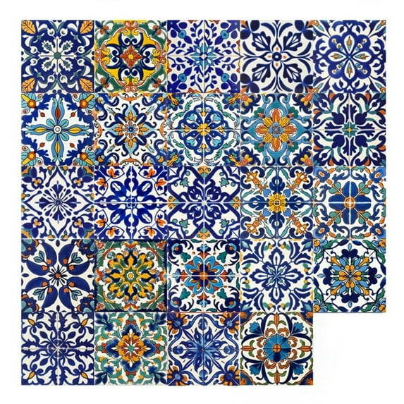 24 Pcs Moroccan Style Decorative Tile Stickers, 6"x6" Vinyl Self Adhesive Removable Waterproof Peel and Stick Backsplash Walls Stickers for Kitchen Backsplash, Stairs, Home Décor
