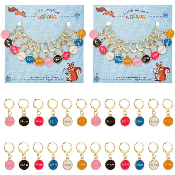 24 Pcs Mother's Day Stitch Markers Flat Round with Word Mom Enamel Crochet Stitch Marker Charms Removable Clasps Locking Stitch Marker for Knitting Weaving Sewing Jewelry Making Mixed Color
