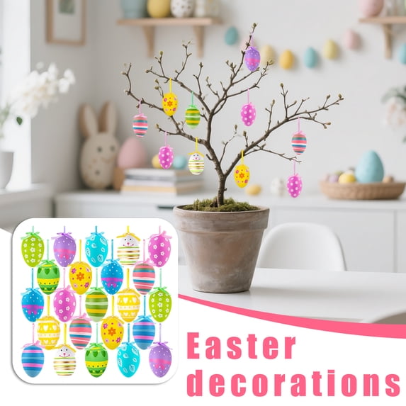 24 Pcs Multicolored Plastic Easter Hanging Eggs, Hand Painted Decorative Ornaments for DIY Craft, Easter Tree Decor, Spring Home and Party Decoration