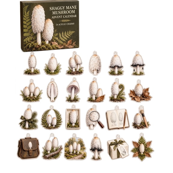 24 Pcs Mushroom Charms with Shaggy Mane Design, Christmas Advent Calendar for Holiday Tree, Acrylic Decorations