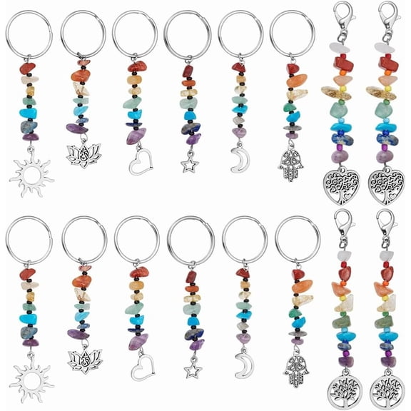 24 Pcs Natural Gemstone Pendants Crystals Chips Gemstone Keyring Star Moon Heart Charms Stone Keychain8 Styles