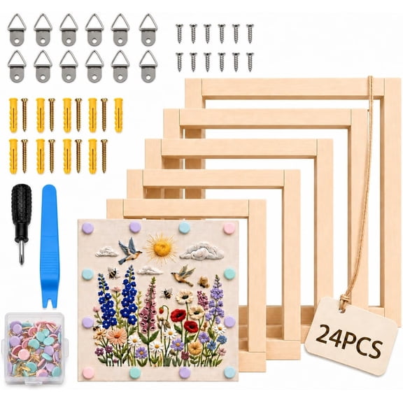 24 Pcs Needlepoint Stretcher Bars for Needlework, 6 Sizes Wooden Canvas Stretcher Bars with Thumb Tacks, Tack Puller Tool & Hanging Hardware, Adjustable Cross Stitch Embroidery Frame Kit, 6" to 16"