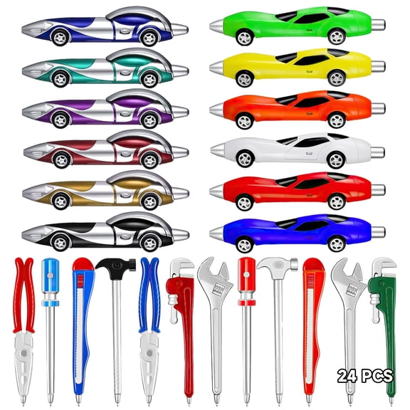 24 Pcs Novelty Ballpoint Pens, Racecar and Tool Themes, Fun Shaped Writing Instruments for Party Gifts