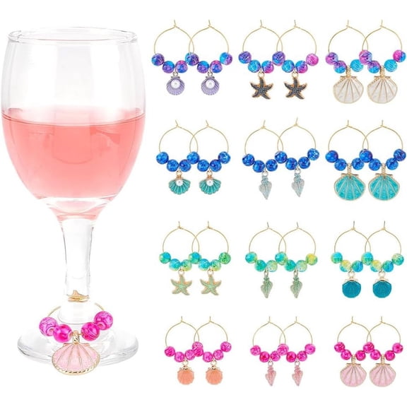 24 Pcs Ocean Theme Wine Glass Charms Starfish/Shell Wine Charms Rings Cup Tag Identifiers Wine Jewelry Charms for Glasses Tumbler Cup Wine Tasting Party Gift for DIY