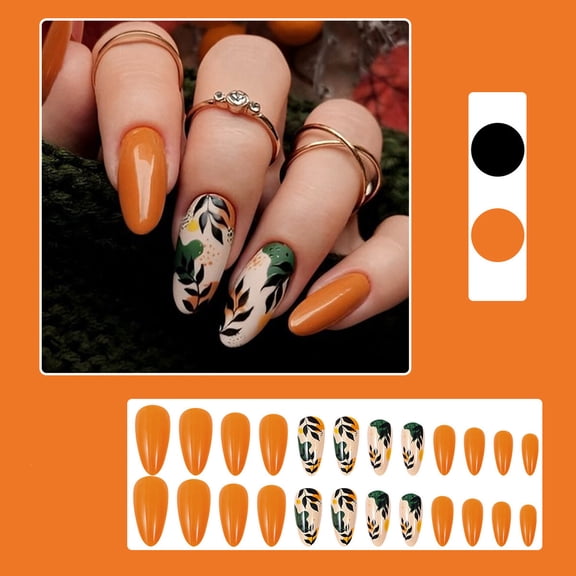 24 Pcs Orange Leaves Design Press-On Nails, Reusable Artificial Nail Tips with Jelly Gel Glue, Natural Leaf Pattern Nail Art for Women and Girls