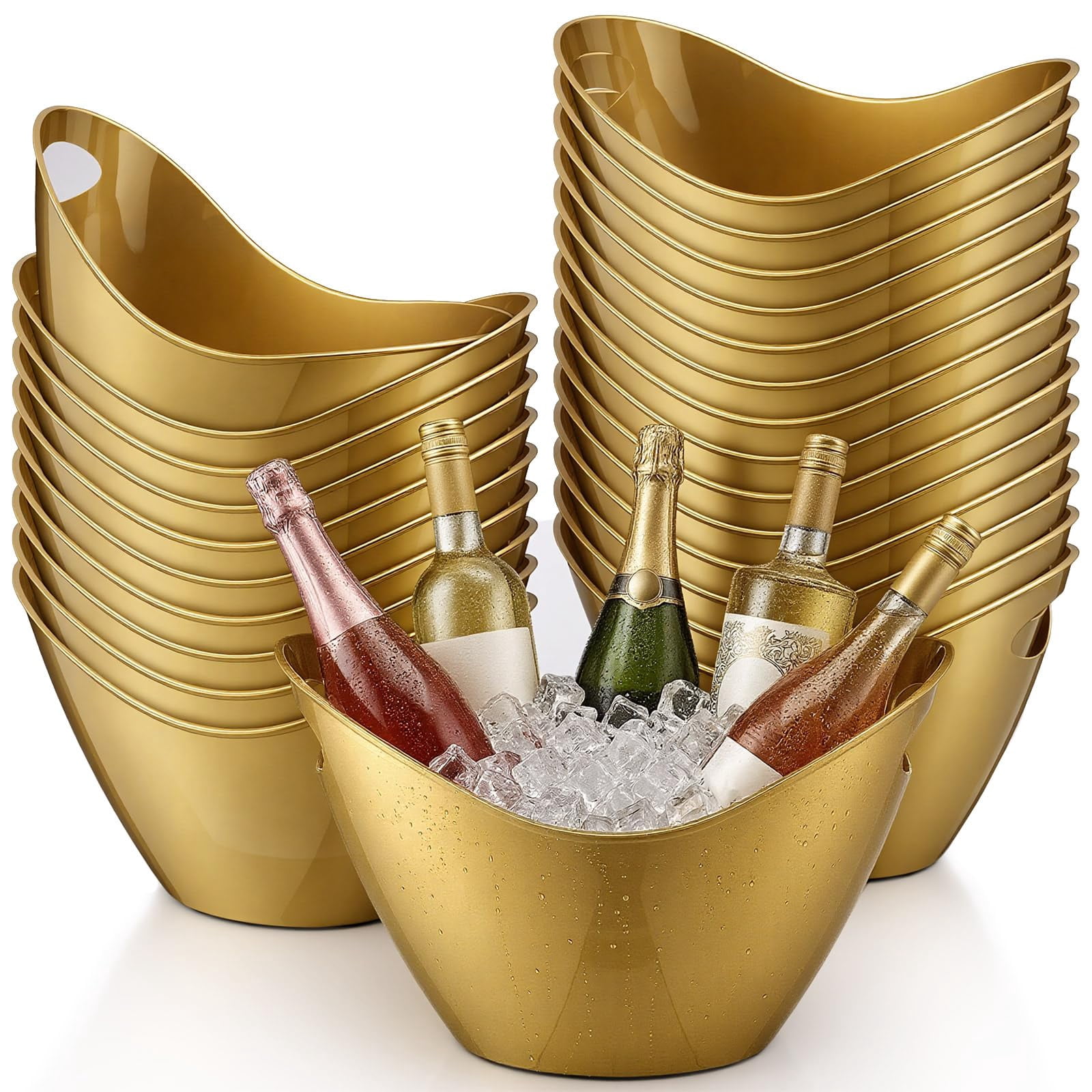 24 Pcs Oval Storage Tub with Handles 4 L Plastic Ice Bucket, Wine, Beer, Champagne Drink Cooler for Parties, Beverage Storage Basket Wine Buckets for Indoor Outdoor Cocktail Bars(Gold)