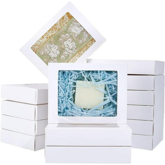 24 Pcs Paper Boxes with Window Treat Boxes 6.9x5.3x1.4 Inch Bakery Boxes with PVC Visible Window Gift Packaging Boxes for Wedding Gift Soap Cookies and Party White