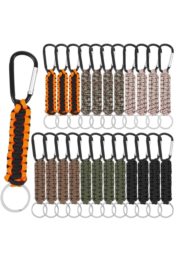 24 Pcs Paracord Keychain, 6 Colors Braided Keychain Clip with Strap, 6.3x1.2 Inch Backpack Strap for Keys, Outdoor Sports, Hiking Tools, Backpack Accessories