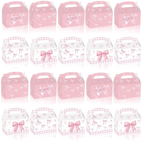 24 Pcs Party Favor Boxes Pink Bow Goodies Boxes Candy Treat Boxes Birthday Party Favor Bags Gift Bags Gift Boxes Goodies Boxes with Handle for Christmas Wedding Engagement Party Favor Supplies