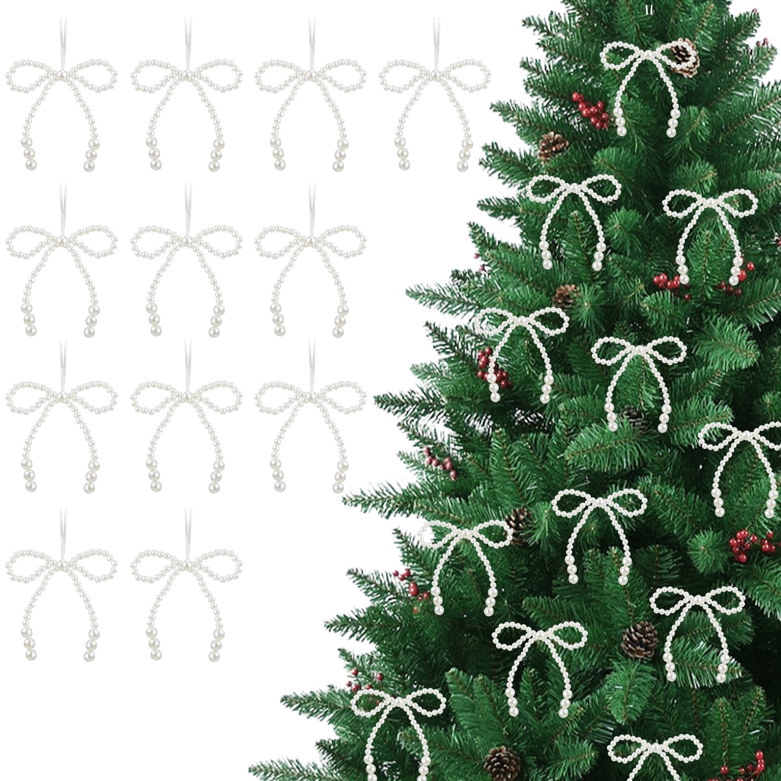 24 Pcs Pearl Bow Christmas Ornaments White Bowknot Tree Topper Decor Xmas Hanging Ornament Pendant Decoration Gift for Wedding Bridal Shower Baby Shower Birthday Indoor Decoration