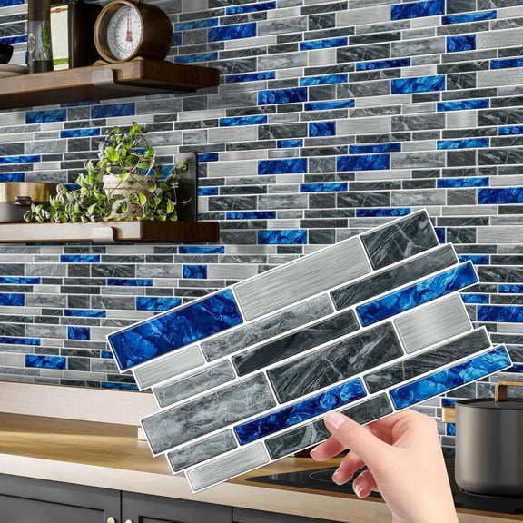 24 Pcs Peel and Stick Backsplash Vinyl Marble Tile, Self-Adhesive Tile Transfer Sticker Stick on Tiles for Kitchen Bathroom, 9.68x4.72inch/24.6x12cm, Blue Gray Marble Effect